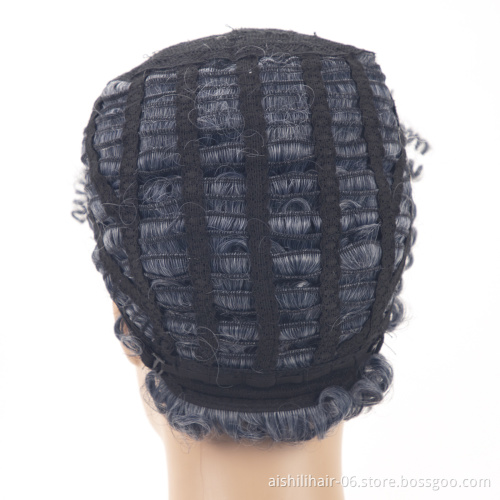 aishili wholesale short afro curly wigs with blue mixed grey pixie cut curly synthetic hair wig for black women